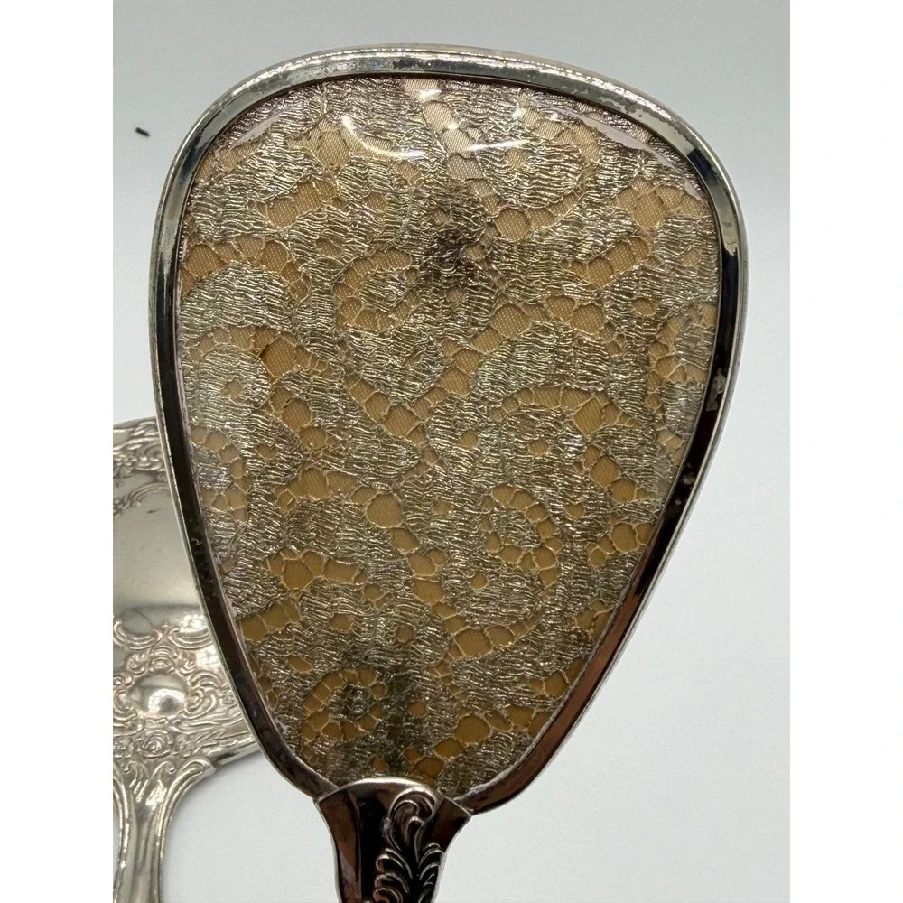 Vintage Silver Tone Repousse Hand Mirror and Brush Vanity Set Floral Lace Detail